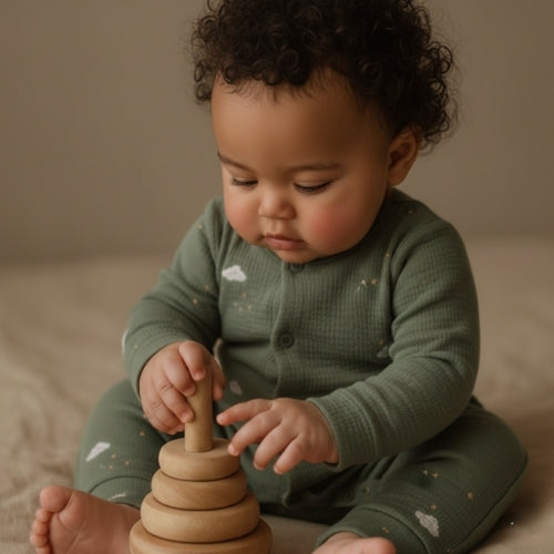 Baby in a green outfit playing with a wooden toy on a beige surface.