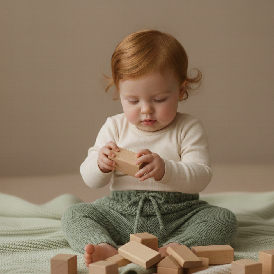 Child wearing sage green hand-knitted pants, playing with wooden blocks on a soft surface