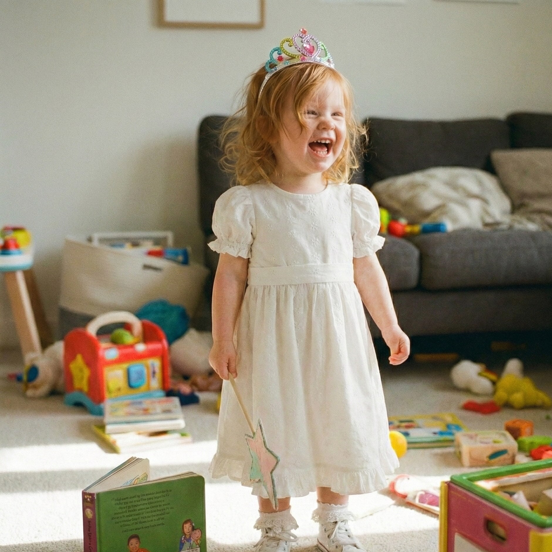 Child in a white dress with a crown, surrounded by toys in a living room.