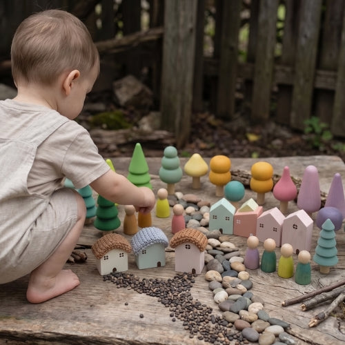 Wooden blocks: crochet houses, forest trees & little people  | Vili Bear Auckland NZ