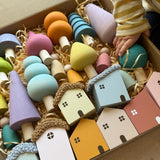 Wooden blocks: crochet houses, forest trees & little people  | Vili Bear Auckland NZ