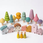 Wooden blocks: crochet houses, forest trees & little people  | Vili Bear Auckland NZ