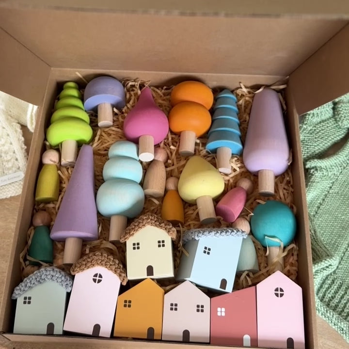 Wooden blocks: crochet houses, forest trees & little people  | Vili Bear Auckland NZ
